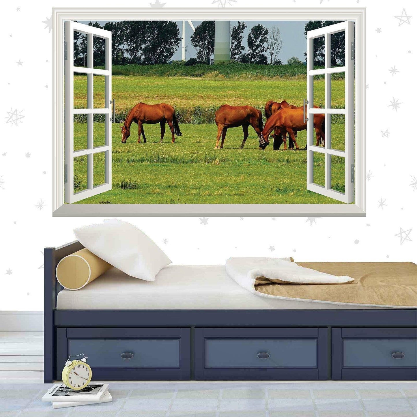 Horse Field 3D Window View Wall Decal: Grazing Horses Vinyl Mural