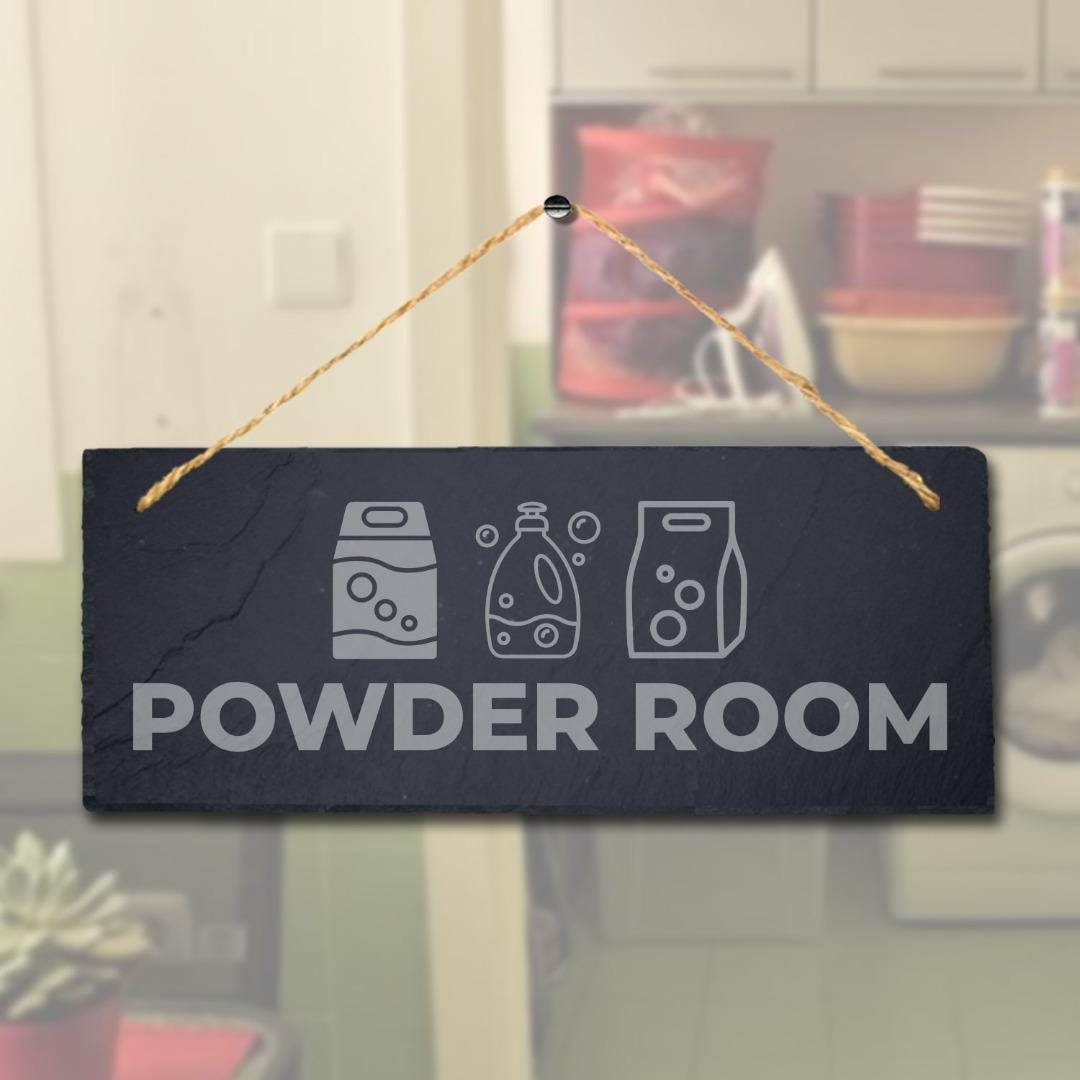 Powder Room Laser Engraved Hanging Slate Laundry Store Rustic Door Plaque Sign