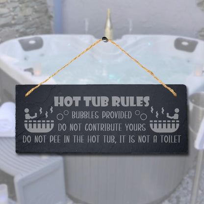 Hot Tub Rules Bubble Provided Humorous Engraved Hanging Slate Pool Plaque Sign