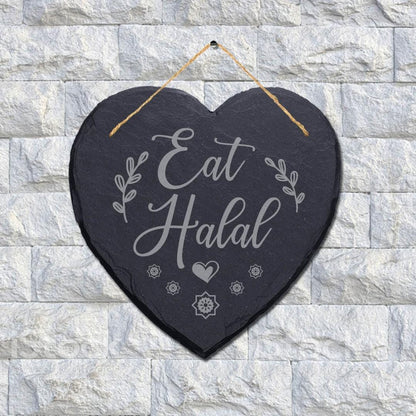 Eat Halal Laser Engraved Wall Hanging Islamic Heart Shape Home Slate Plaque Sign