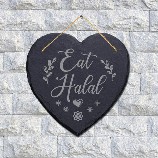 Eat Halal Laser Engraved Wall Hanging Islamic Heart Shape Home Slate Plaque Sign
