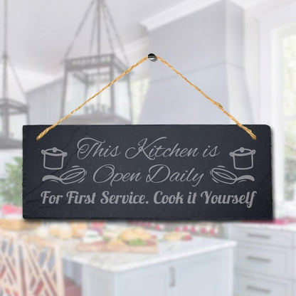 Kitchen Hanging Slate Sign Engraved Plaque Open Daily First Service Home Gift