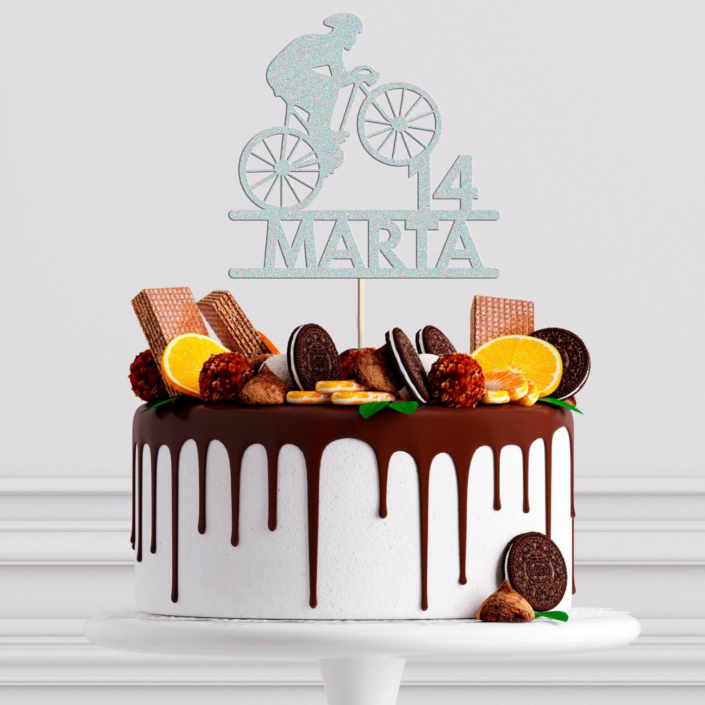 Personalised Bicycle Cake Topper: Glitter Cyclist Birthday Decoration