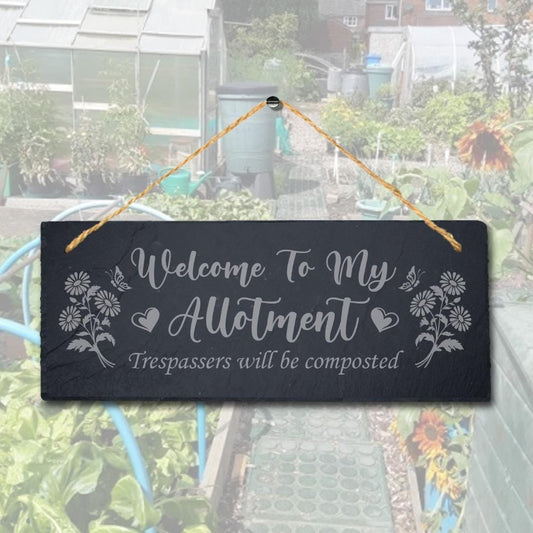 Welcome To My Allotment Laser Engraved Hanging Slate Garden Decor Plaque Sign
