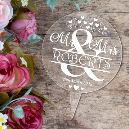 Personalised Name Wedding Cake Topper Mr & Mrs Decoration Engraved Acrylic