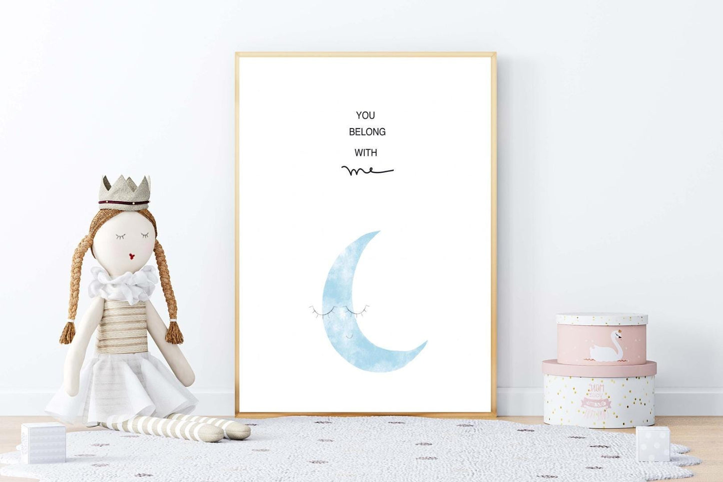 Moon Eyelashes Kids Boho Watercolour Hand Painted Effect Nursery Wall Art Poster
