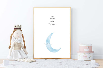 Moon Eyelashes Kids Boho Watercolour Hand Painted Effect Nursery Wall Art Poster