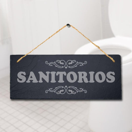 Sanitorios Laser Engraved Hanging Slate Washroom Bath Toilet Home Plaque Sign
