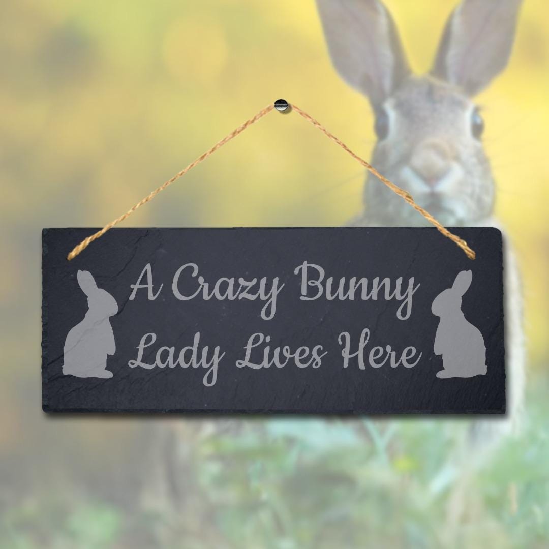 A Crazy Bunny Lady Lives Here Laser Engraved Hanging Slate Rabbit Plaque Sign