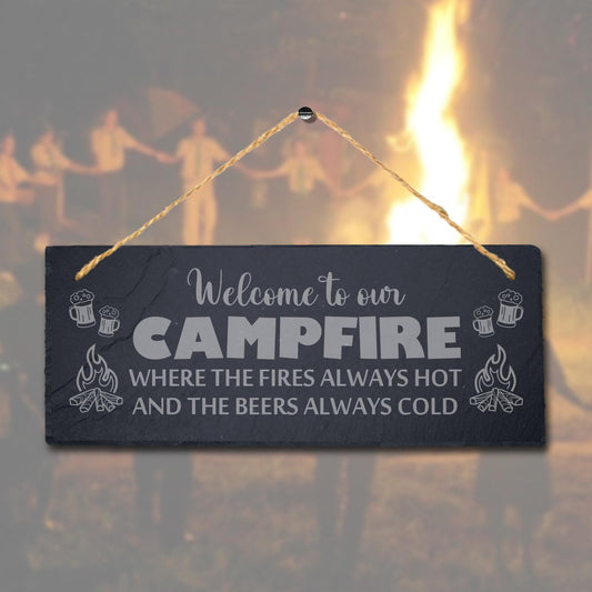 Welcome To Campfire Fires Hot Laser Engraved Hanging Friends Camping Slate Sign