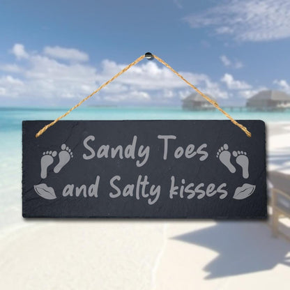 Sandy Toes And Salty Kisses Engraved Hanging Slate Ocean Beach Sea Plaque Sign