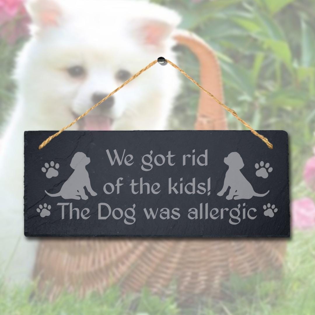 The Dog Was Allergic Engraved Hanging Slate Kennels Puppy Funny Gift Wall Sign