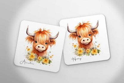 Personalised Highland Cow Mug & Coaster Set: Fluffy Cow Gift
