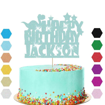 Personalised Dinosaur Glitter Happy Birthday Cake Topper Dino Party Decoration