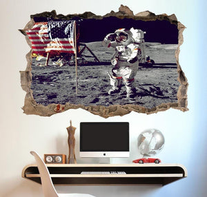 Moon Landing 3D Wall Decal: USA Flag, Astronaut Vinyl Mural