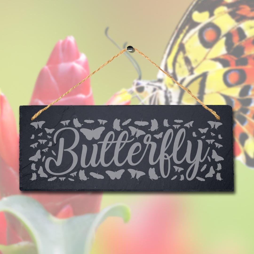 Butterfly Laser Engraved Hanging Slate Garden Home Decor Plaque Sign