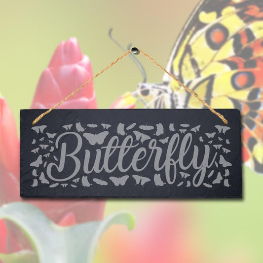 Butterfly Laser Engraved Hanging Slate Garden Home Decor Plaque Sign