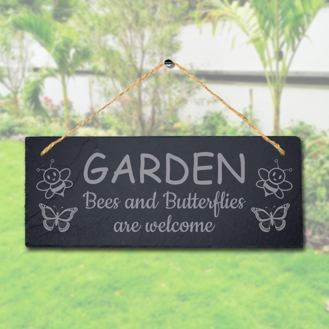 Garden Bees And Butterflies Welcome Engraved Hanging Slate Garden Plaque Sign
