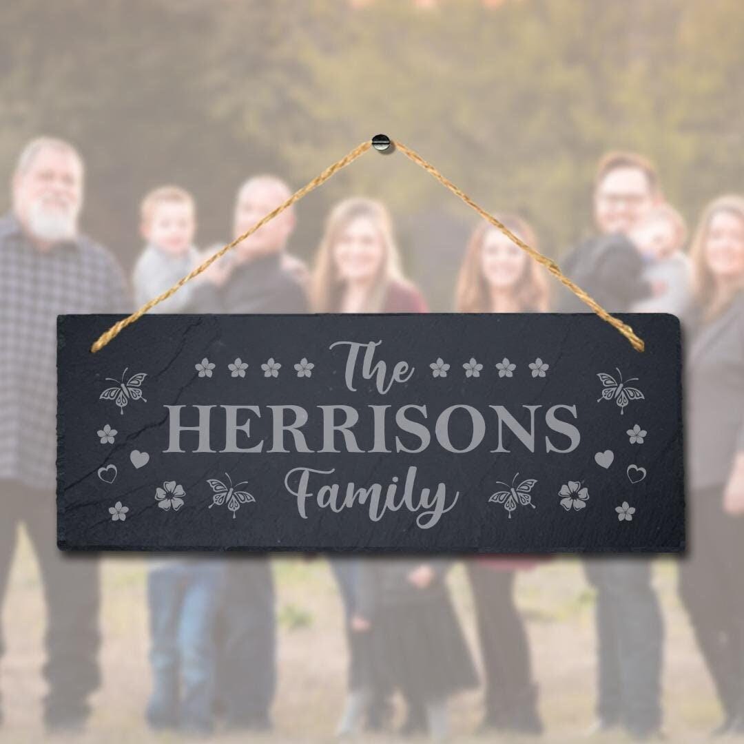 Personalised Family Name Hanging Slate Laser Engraved Home Wall Art Plaque Sign