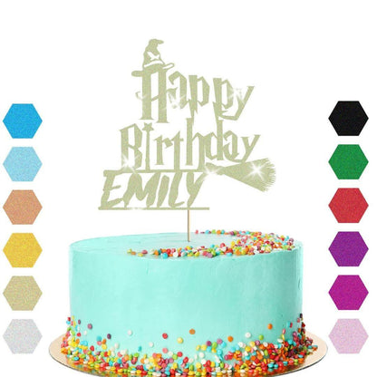 Witch Broomstick Glitter Cake Topper Personalised Halloween Birthday Decoration