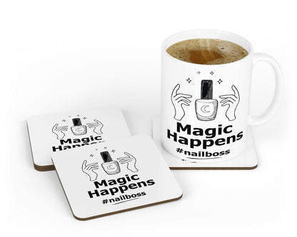 Magic Happens Mug & Coaster Set Girls Nail Artist Christmas Birthday Coffee Gift