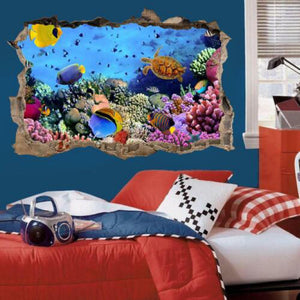 3D Porthole Wall Sticker: Tropical Fish, Ocean View - Beach Home Decor