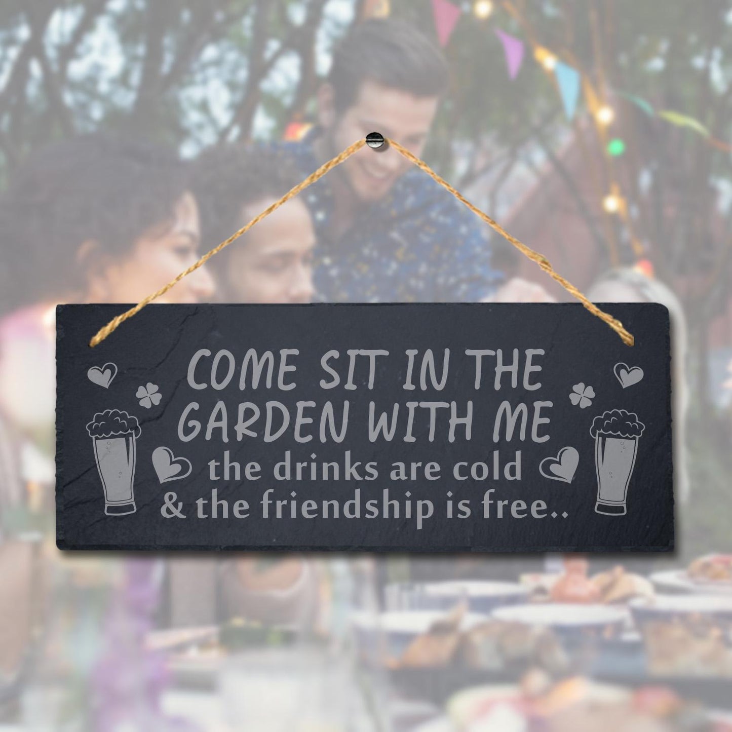 Come Sit In Garden With Me Friendship Engraved Hanging Slate Garden Plaque Sign