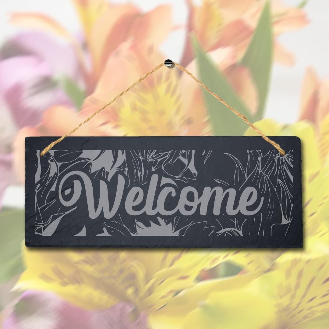 Welcome Laser Engraved Hanging Slate House Garden Home Decor Plaque Sign
