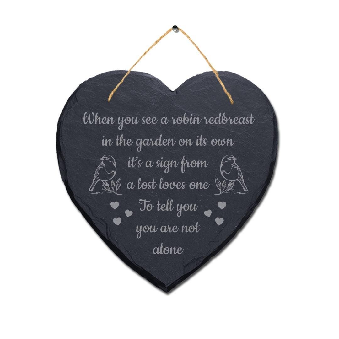 Robin Redbreast Garden Engraved Hanging Memorial Heart Shape Slate Plaque Sign