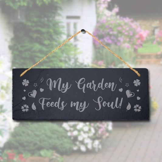 My Garden Hanging Slate Sign Laser Engraved Plaque Feeds Soul Fence Home Gift
