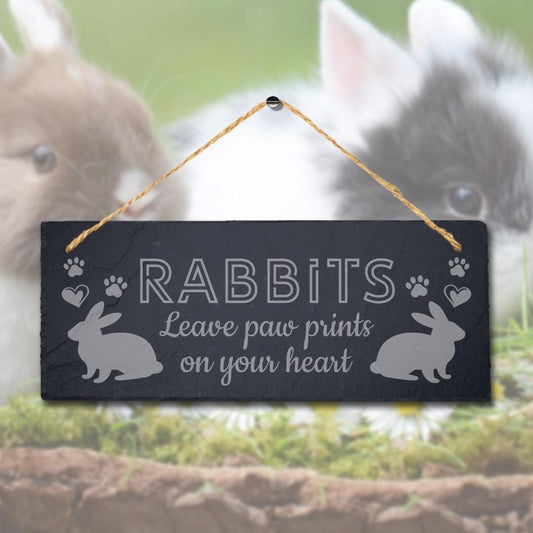 Rabbits Leave Paw Prints On Your Heart Hanging Slate Rabbit Bunny Plaque Sign