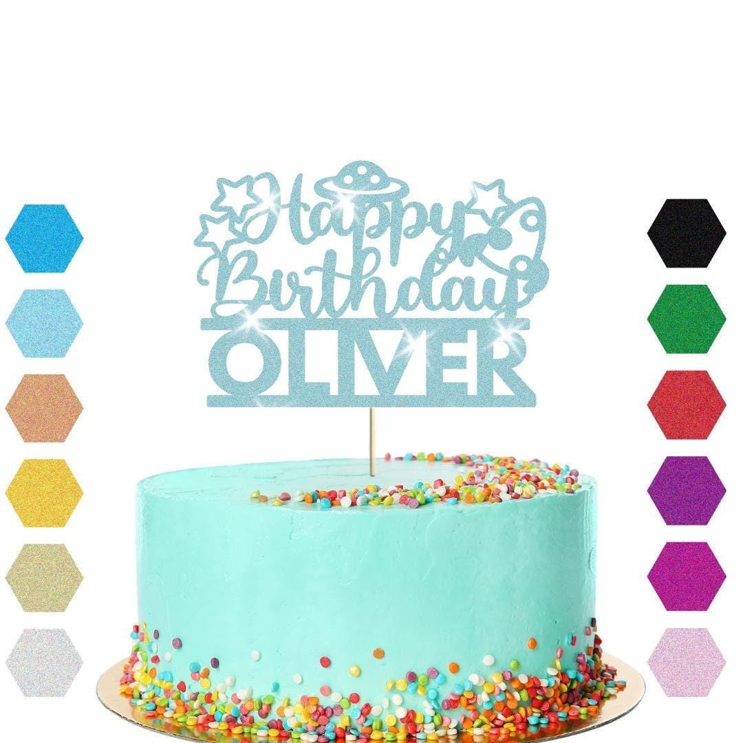 Personalised Glitter Outer Space Birthday Cake Topper: Alien UFO Theme Party Decoration