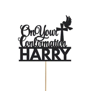 Personalised Glitter Confirmation Cake Topper: Dove, Cross, Any Name