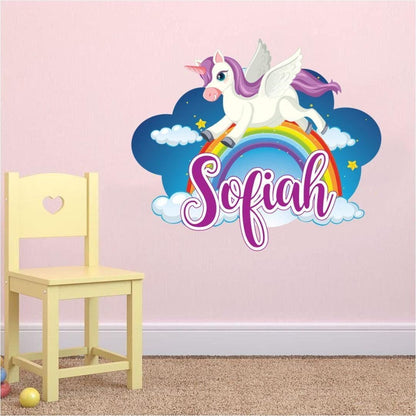 Personalised Rainbow Unicorn Wall Sticker Name Vinyl Decal Girls Kids Nursery Bedroom