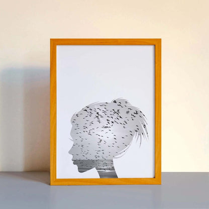 Girl Line Sketch Birds Bedroom Drawing Minimalist Wall Home Decor Print Poster