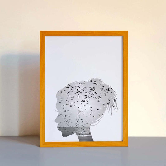 Girl Line Sketch Birds Bedroom Drawing Minimalist Wall Home Decor Print Poster