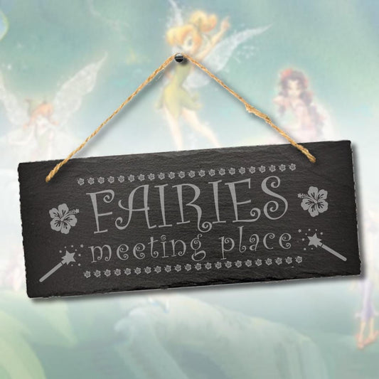 Fairies Meeting Place Engraved Hanging Slate Sign Gardening Gift Garden Outdoor