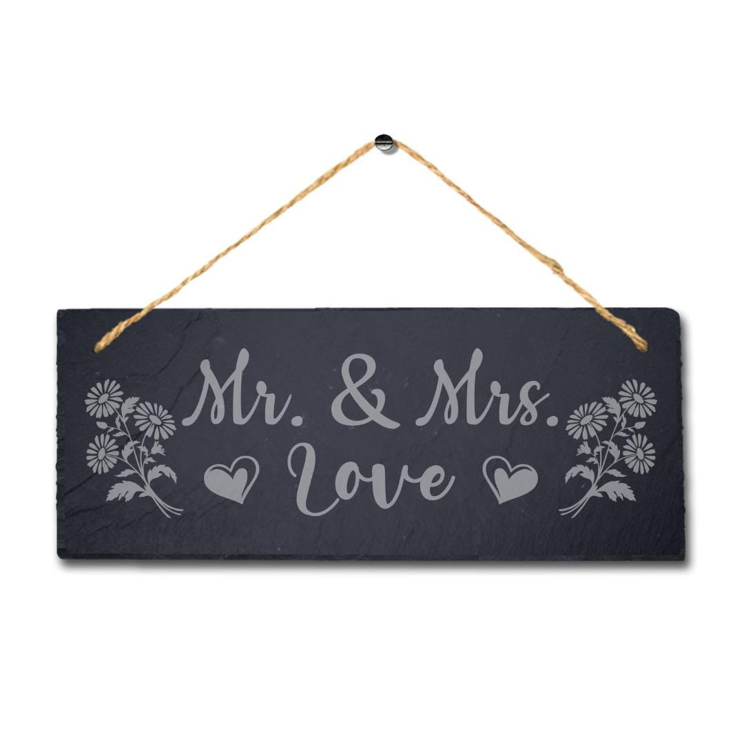 Mr & Mrs Love Laser Engraved Hanging Slate Wedding Valentine Gift Plaque Sign
