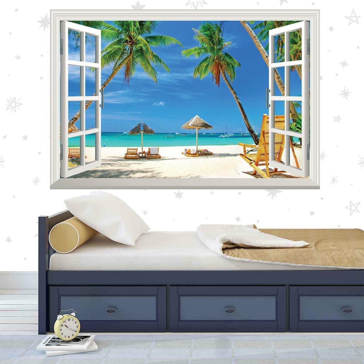 Tropical Beach Window View Wall Sticker: Palm Trees, Blue Sky