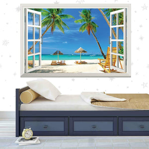 Tropical Beach Window View Wall Sticker: Palm Trees, Blue Sky