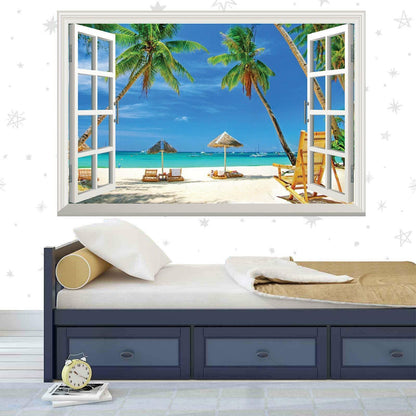 Tropical Beach Window View Wall Sticker: Palm Trees, Blue Sky