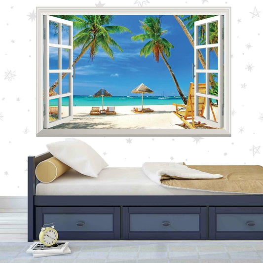 Tropical Beach Window View Wall Sticker: Palm Trees, Blue Sky