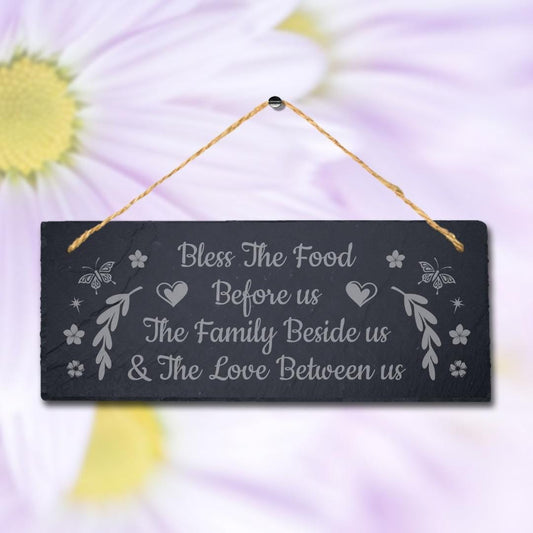 Bless Food Family And Love Laser Engraved Hanging Slate Kitchen Home Plaque Sign