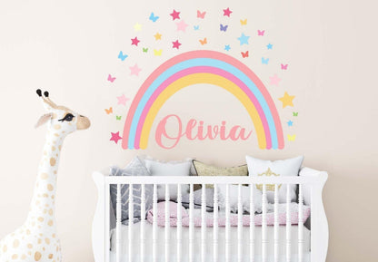 Personalise Rainbow Hearts Butterflies Wall Mural Stickers Nursery Bedroom Set