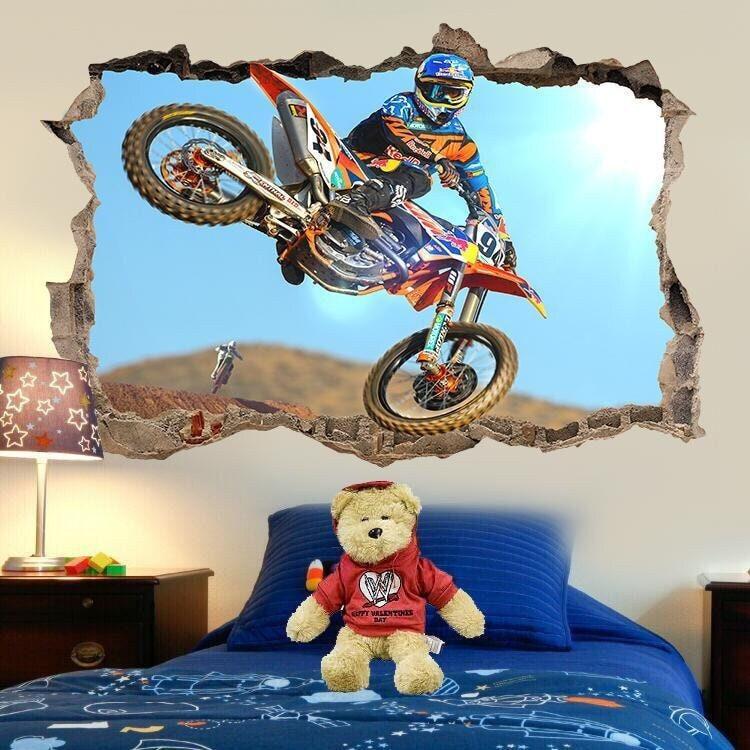 Motocross Bike Stunt Dirt Racing 3d Crack Effect Wall Sticker Poster Bedroom Vinyl