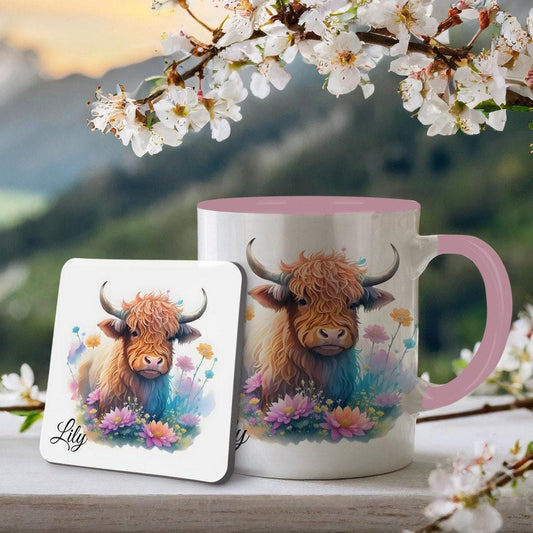 Personalised Highland Cow Mug and Coaster Set: Birthday Gift