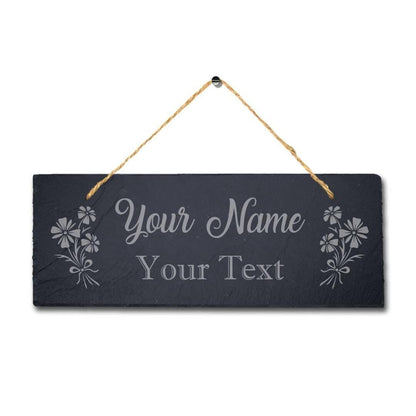 Personalised Name Text Laser Engraved Hanging Slate Flower Garden Plaque Sign